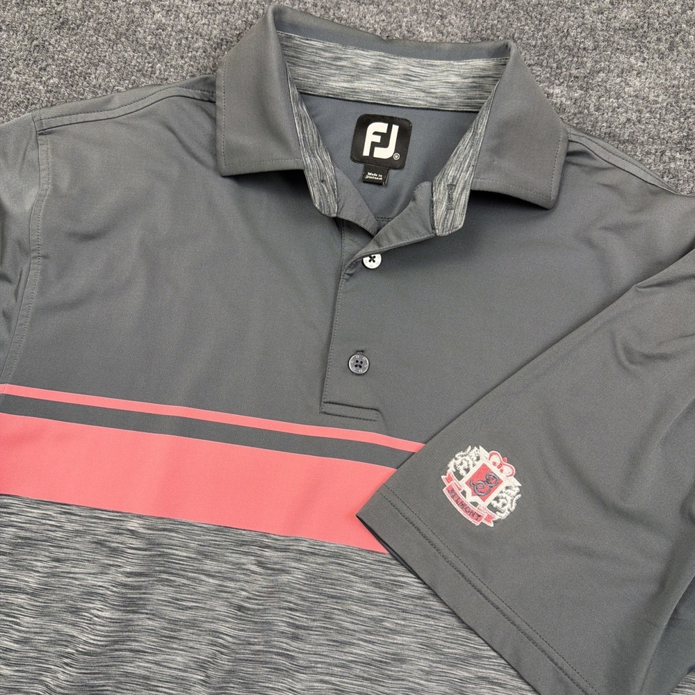 FootJoy FJ Golf Polo Shirt Mens Size M Gray Pink Stripe Performance Short Sleeve